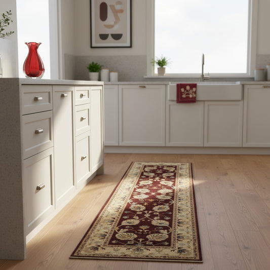 Tappeto Ziegler afgano, rosso melograno e beige, annodato a mano, 300x86 cm.