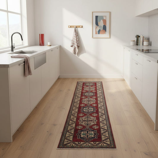 Passatoia Kazak afgana, rosso melograno, annodato a mano, 317x80 cm.