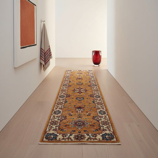 Passatoia Ziegler afgana, oro e beige, annodato a mano, 301x81 cm.