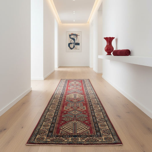 Corsia Kazak afgana, rosso e beige, annodato a mano, 296x77 cm.