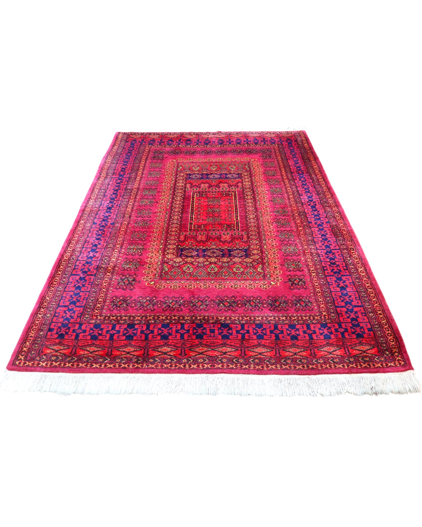 Tappeto Turkemen 278x185 cm con motivo geometrico ricco di rosa, blu e giallo, annodato a mano con lana di alta qualità e ordito in cotone resistente.