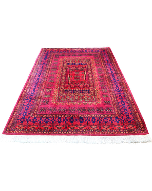 Tappeto Turkemen 278x185 cm con motivo geometrico ricco di rosa, blu e giallo, annodato a mano con lana di alta qualità e ordito in cotone resistente.