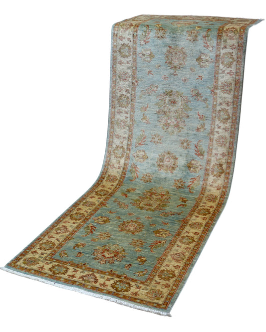 Tappeto Farahan 236x83 cm afghano annodato a mano, corridore in lana con fondo azzurro e decorazioni floreali beige e oro.