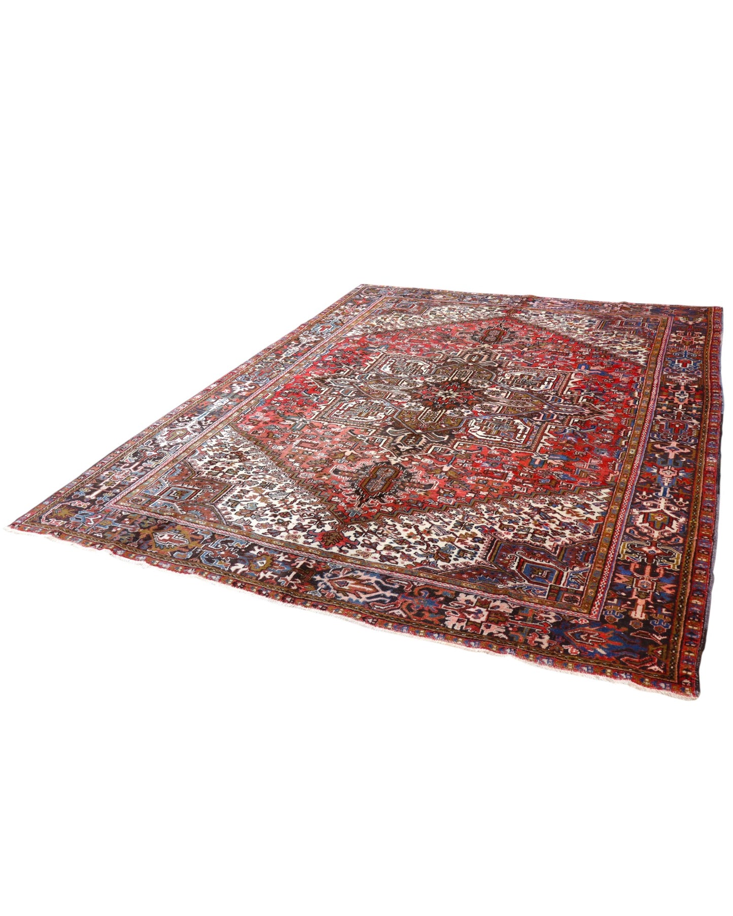 Tappeto Heriz persiano 347x255 cm, annodato a mano in lana e cotone, con medaglione geometrico e motivi floreali tradizionali.