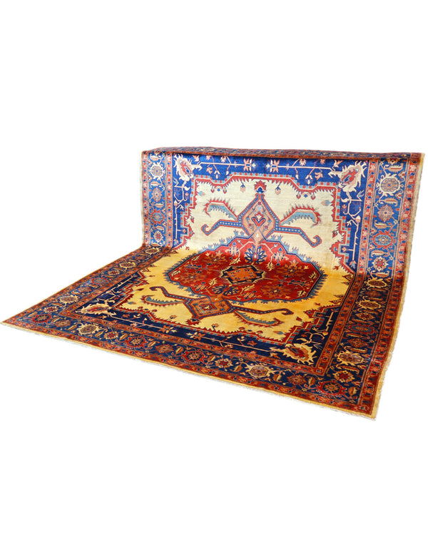 Tappeto Heriz persiano 303x255 cm, annodato a mano, lana e cotone con colori vegetali, fondo avorio con medaglione rosso e dettagli blu.