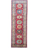 Tappeto Kazak 236x82 cm, corridore afghano annodato a mano in lana, fondo rosso con motivi geometrici blu e verdi.