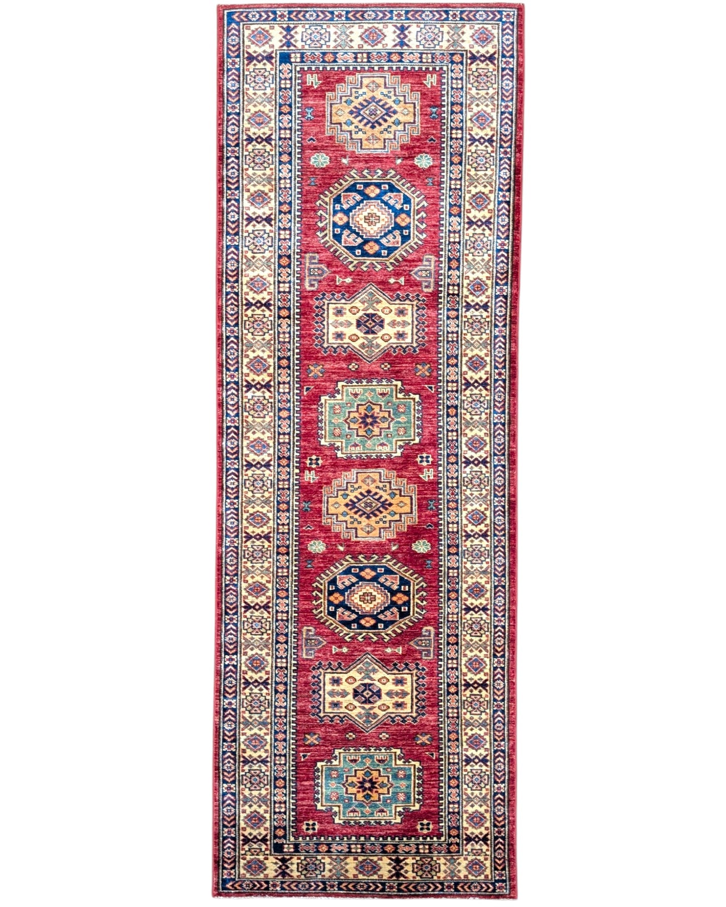 Tappeto Kazak 236x82 cm, corridore afghano annodato a mano in lana, fondo rosso con motivi geometrici blu e verdi.