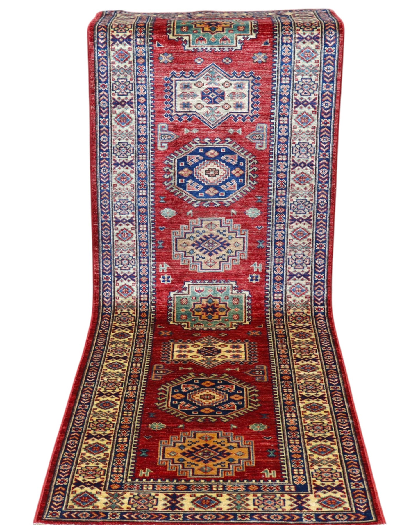 Tappeto Kazak 236x82 cm, corridore afghano annodato a mano in lana, fondo rosso con motivi geometrici blu e verdi.