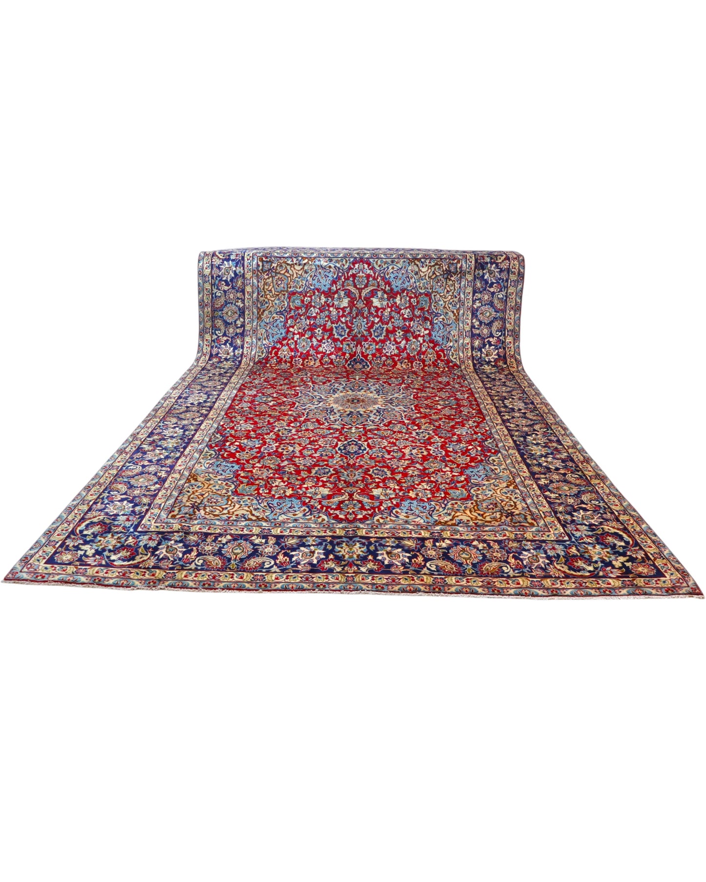 Tappeto persiano Najafabad 500x400 cm, fondo rosso con ampio medaglione centrale blu e cornice floreale scura, annodato a mano in lana vegetale.