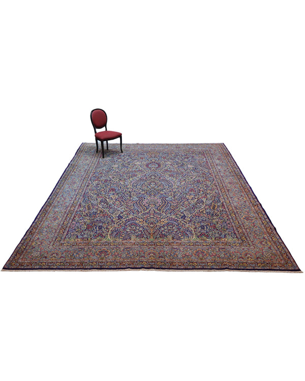 Tappeto Tabriz persiano 486x357 cm rettangolare, annodato a mano, con motivo floreale fitto multicolore su fondo azzurro e blu.