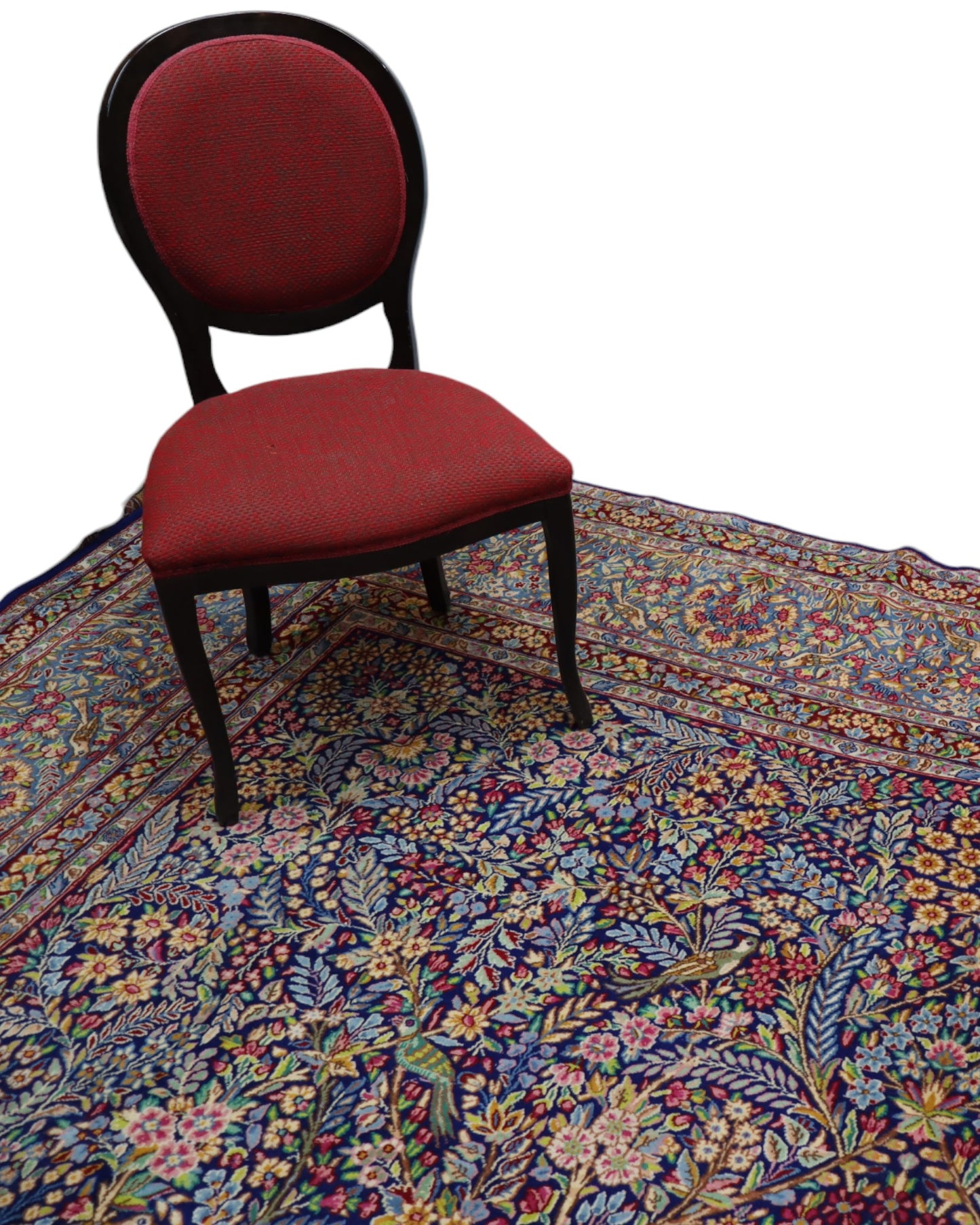 Tappeto Tabriz persiano 486x357 cm rettangolare, annodato a mano, con motivo floreale fitto multicolore su fondo azzurro e blu.