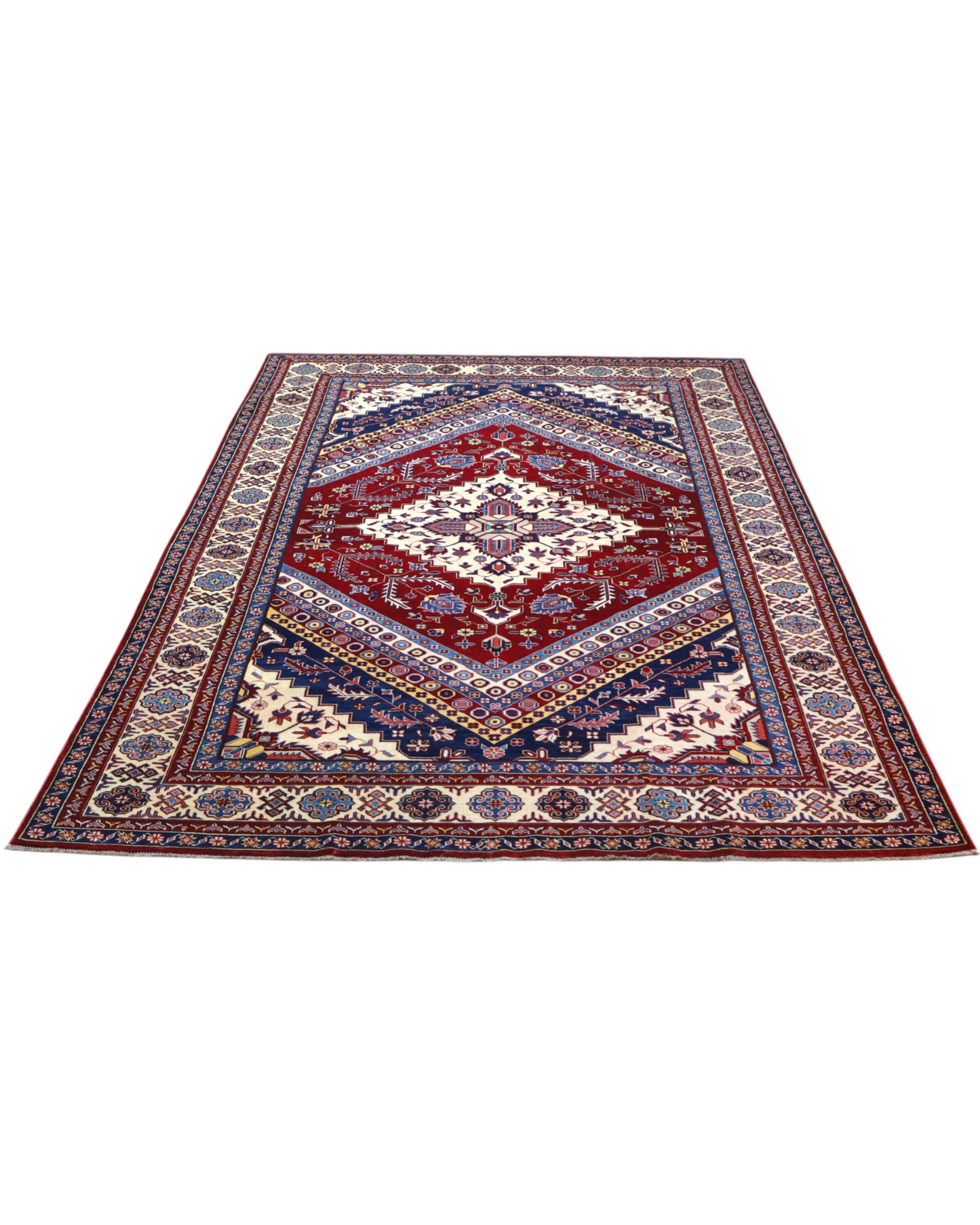Tappeto Shirvan 274x184 cm con fondo rosso, medaglione centrale blu e avorio e bordure geometriche multicolori, tramato ed annodato a mano.