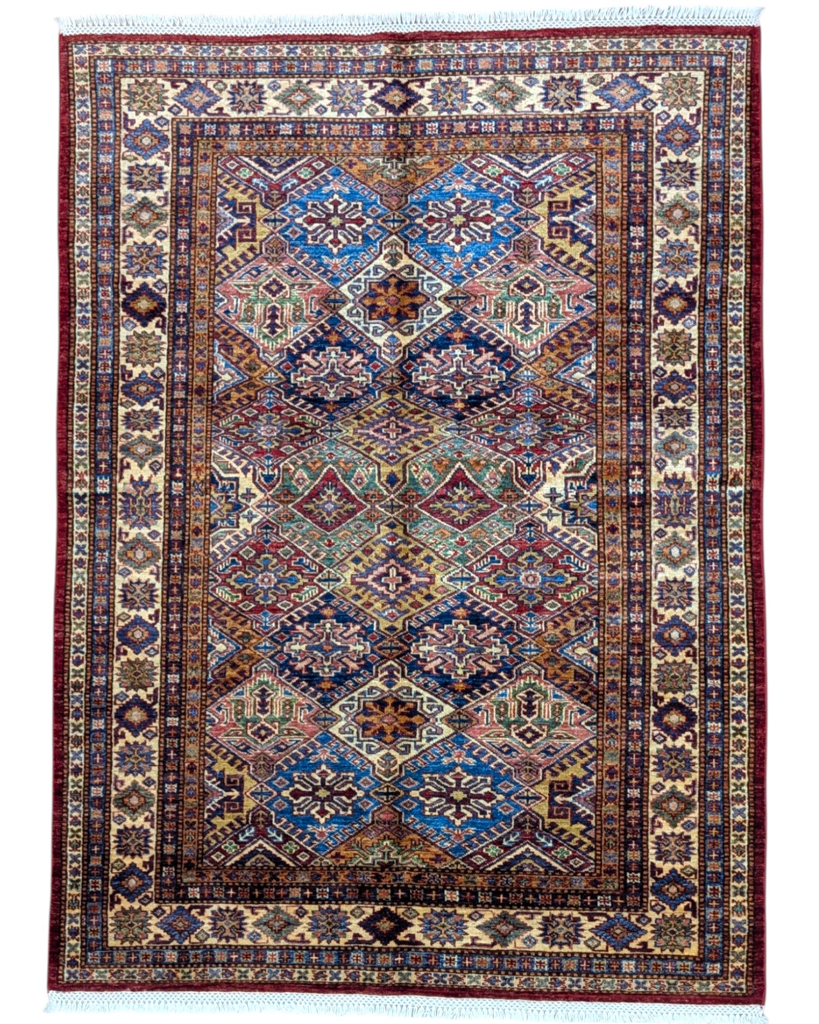 Tappeto Kazak 176x131 cm con motivi geometrici caucasici, colori blu, avorio e rosso, tramato ed annodato a mano.