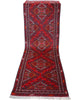 Tappeto Turkman 267x76 cm, corridore persiano in lana annodata a mano, fondo bordeaux con motivi geometrici rossi e arancio.