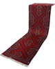 Tappeto Turkman 267x76 cm, corridore persiano in lana annodata a mano, fondo bordeaux con motivi geometrici rossi e arancio.
