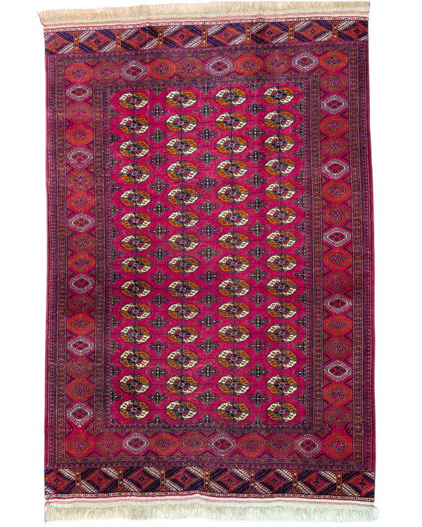 Tappeto Moderno persiano 273x167 cm con fondo avorio e motivi floreali rossi stilizzati, tramato ed annodato a mano.