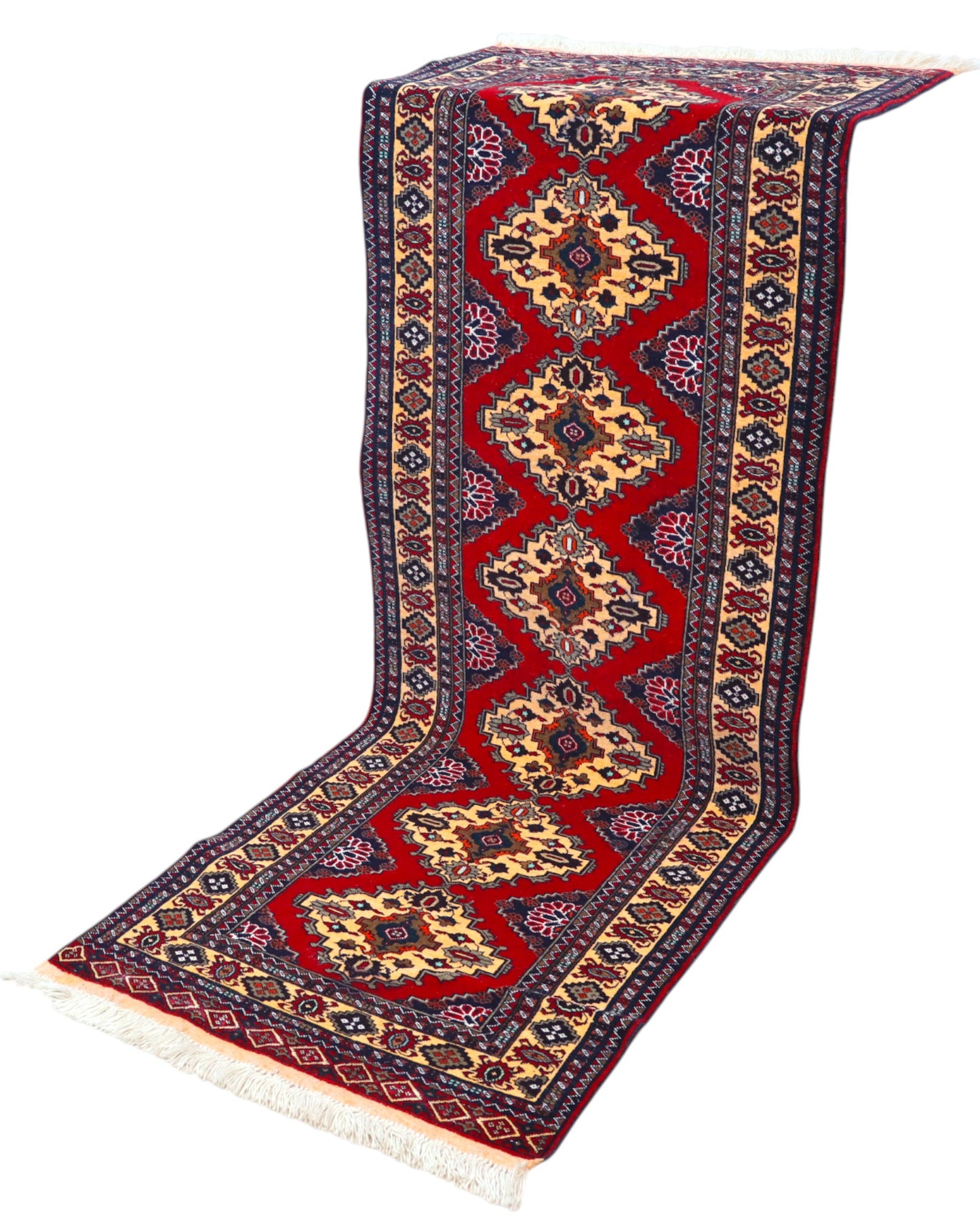 Tappeto Turkman persiano 192x70 cm, corridore con fondo rosso e rombi centrali avorio, annodato a mano in lana.