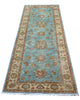 Tappeto Farahan 236x83 cm afghano annodato a mano, corridore in lana con fondo azzurro e decorazioni floreali beige e oro.