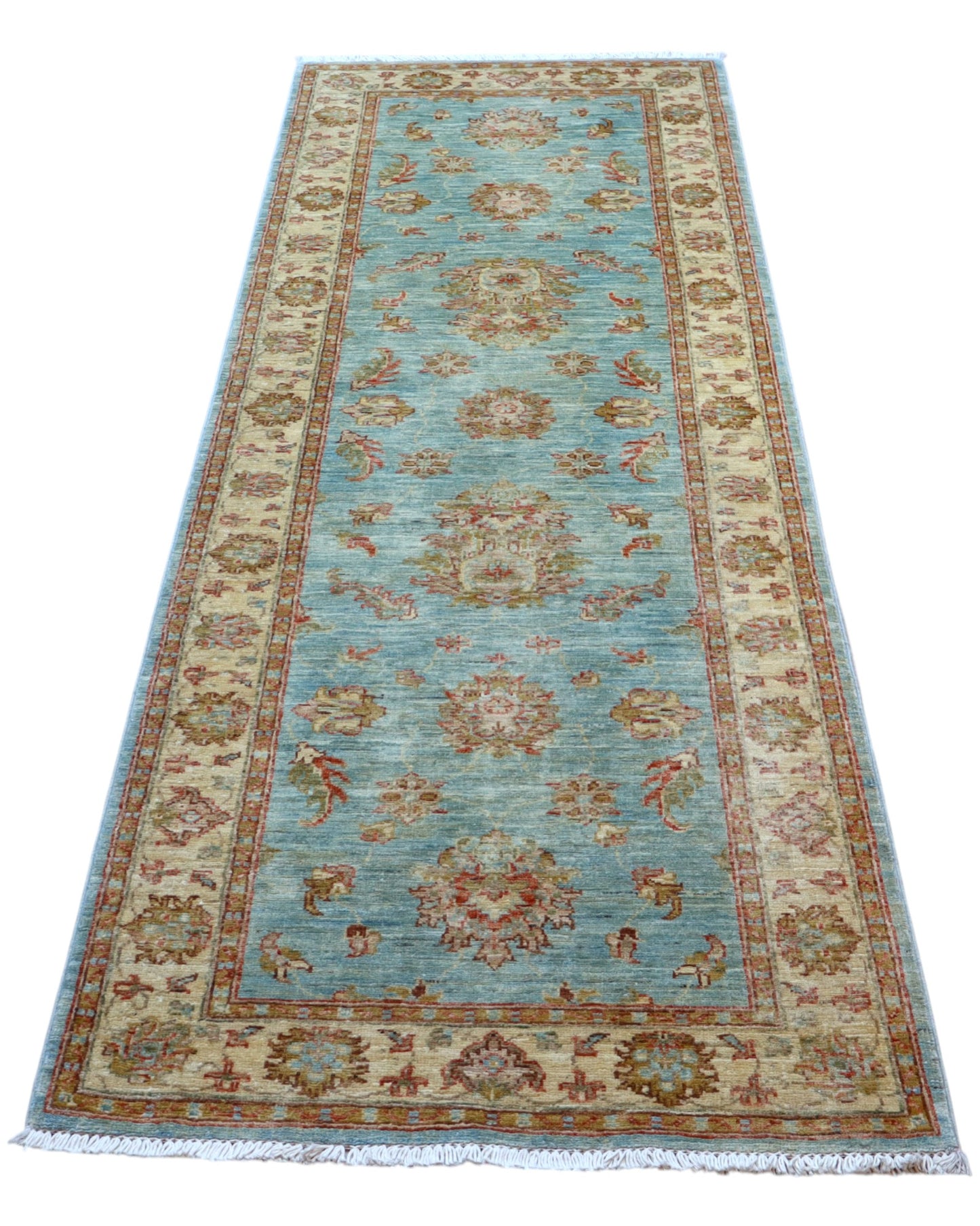 Tappeto Farahan 236x83 cm afghano annodato a mano, corridore in lana con fondo azzurro e decorazioni floreali beige e oro.