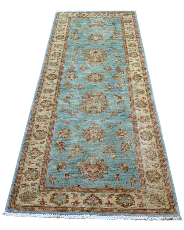 Tappeto Farahan 236x83 cm afghano annodato a mano, corridore in lana con fondo azzurro e decorazioni floreali beige e oro.