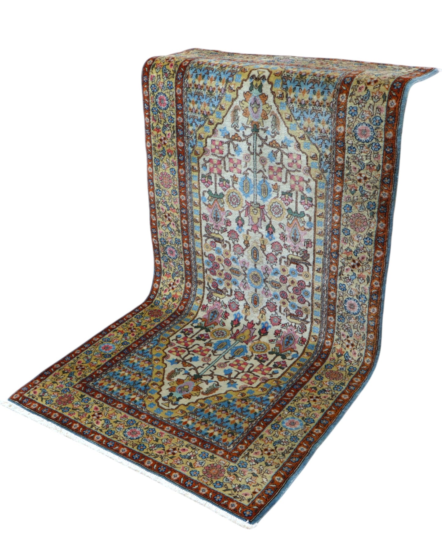 Tappeto Transilvania Romania 198x101 cm annodato a mano, fondo avorio con motivi floreali multicolore e cornici blu e rosse.