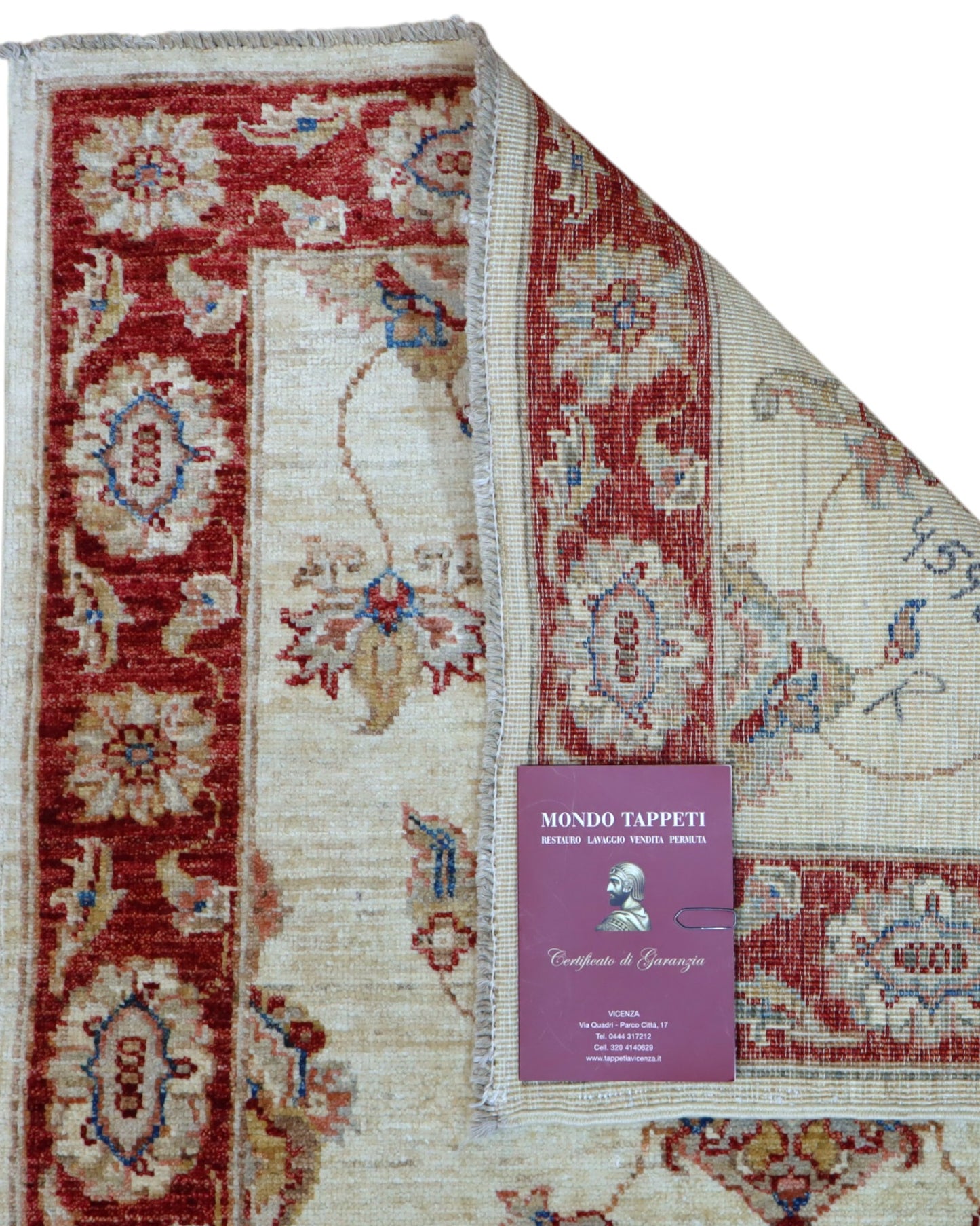 Tappeto Ziegler 190x80 cm fondo chiaro annodato a mano in lana e cotone.