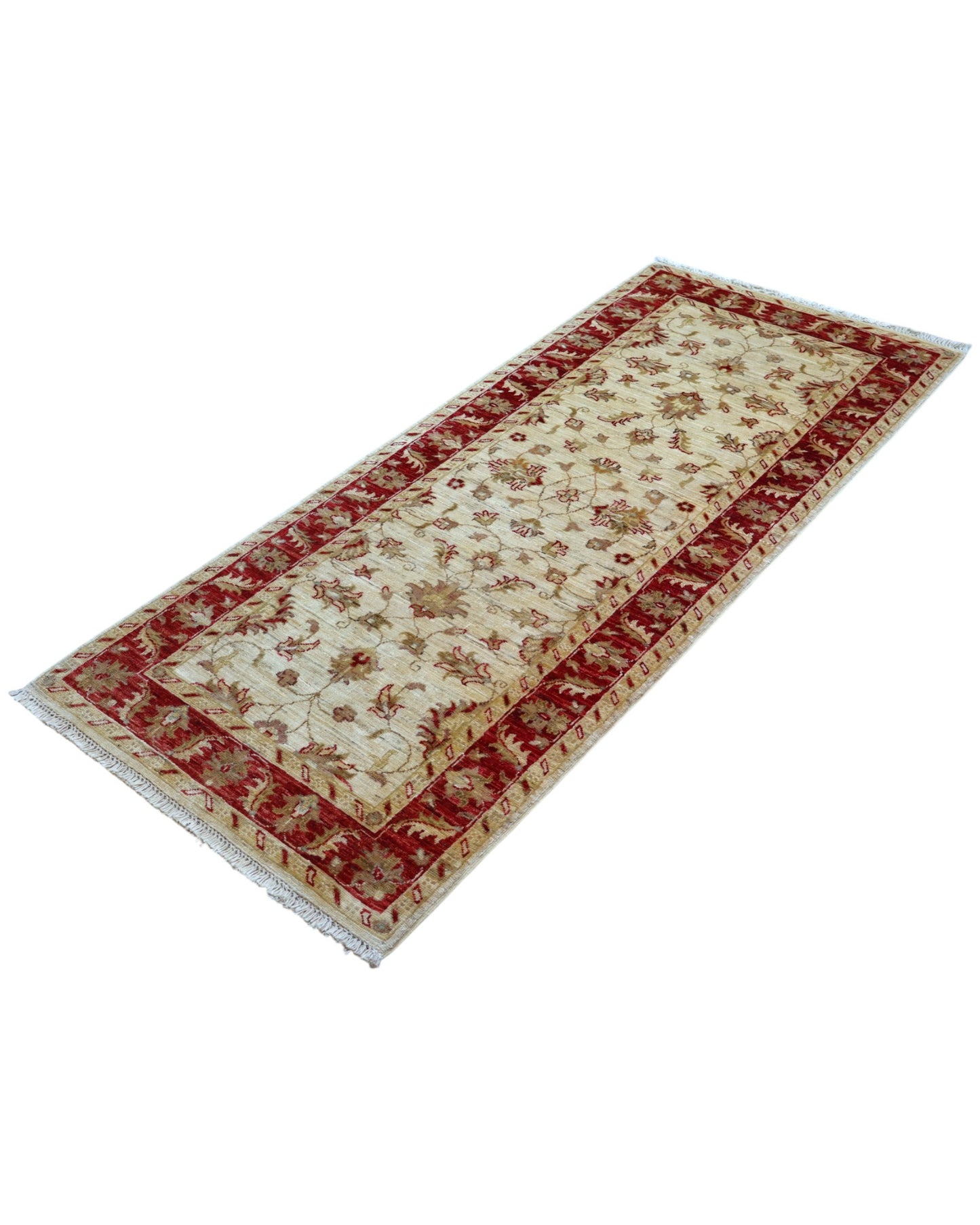 Tappeto Farahan 198x84 cm annodato a mano con fondo chiaro e cornice rossa.
