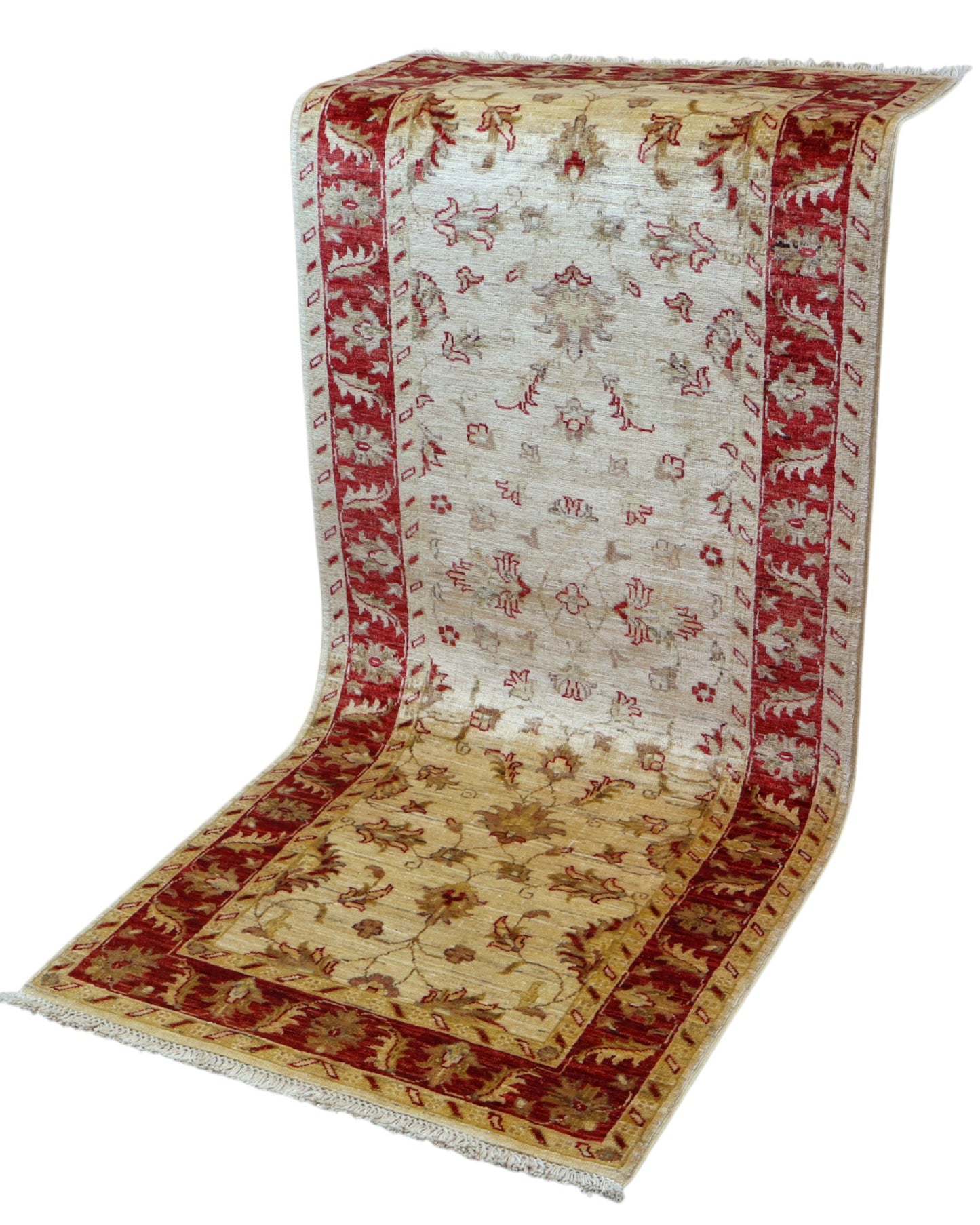 Tappeto Farahan 198x84 cm annodato a mano con fondo chiaro e cornice rossa.