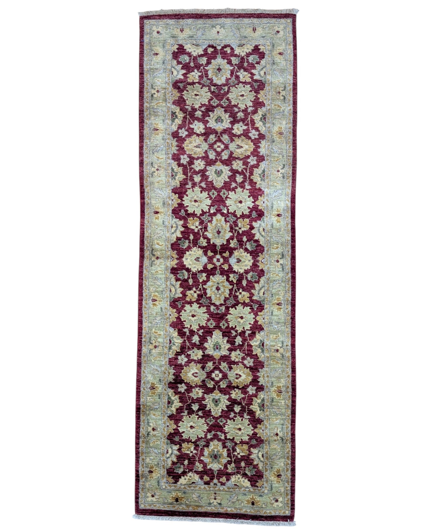Tappeto Farahan afghano 250x80 cm rettangolare, annodato a mano, con fondo rosso, disegni floreali chiari e cornice decorata.