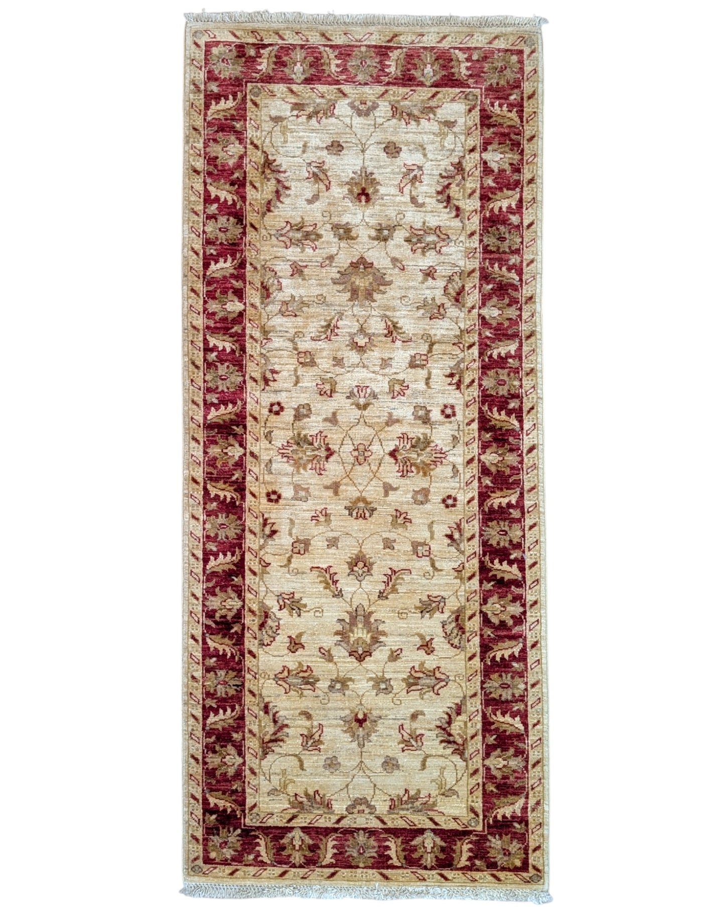 Tappeto Farahan 198x84 cm annodato a mano con fondo chiaro e cornice rossa.