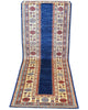 Tappeto Kazak 237x79 cm fondo blu annodato a mano in lana e cotone.