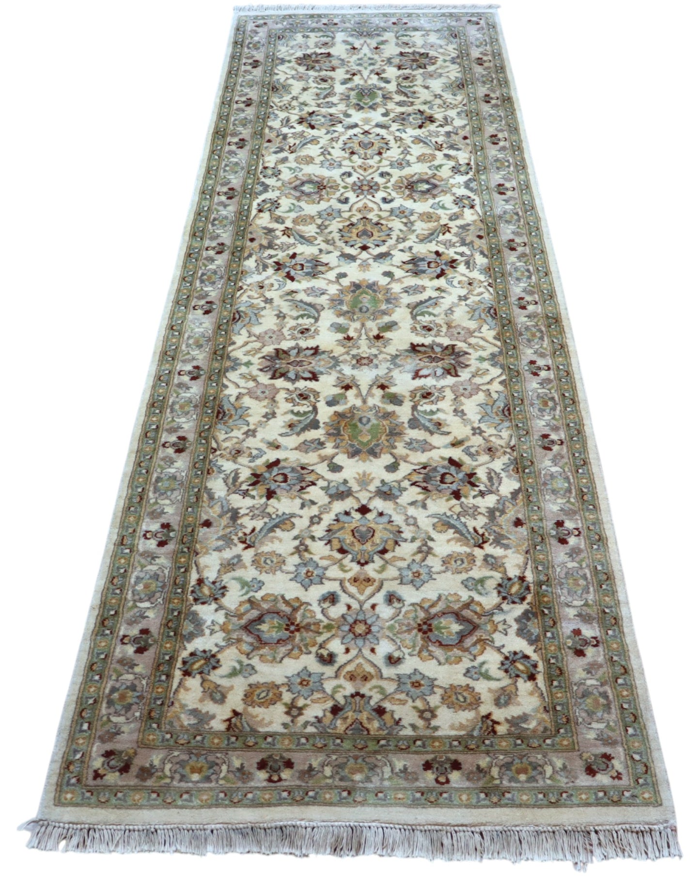 Tappeto Kashmir 238x82 cm, Afghanistan, corridore con fondo avorio e motivi floreali beige e azzurro, annodato a mano in lana vegetale.