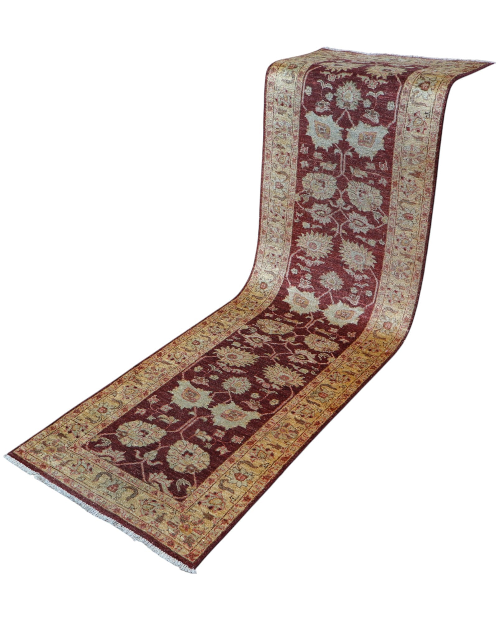 Tappeto Ziegler 261x78 cm, Afghanistan, corridore con fondo rosso borgogna e motivi floreali beige e avorio, annodato a mano in lana vegetale.