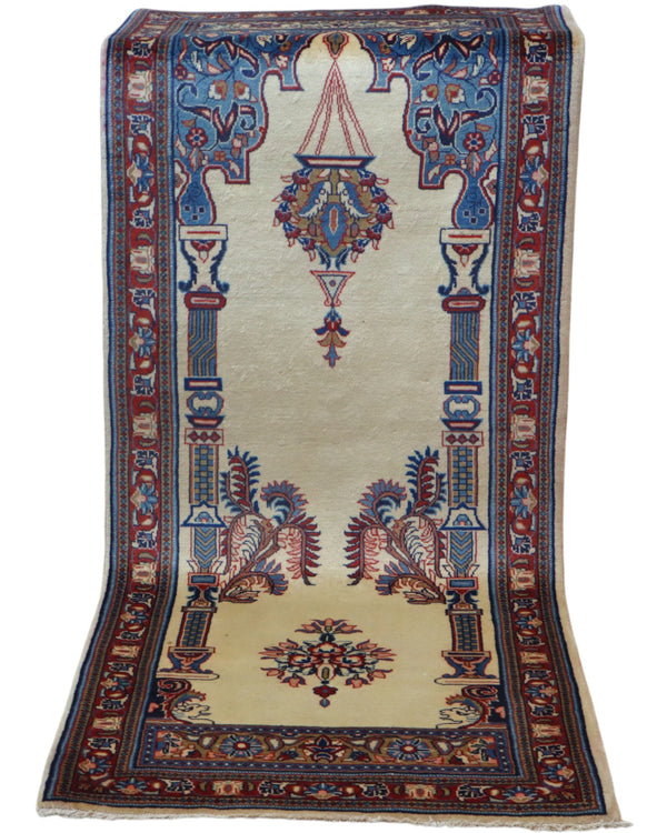 Tappeto Sarough persiano 205x82 cm, corridore con fondo avorio e motivi floreali in blu e rosso, annodato a mano in lana vegetale.