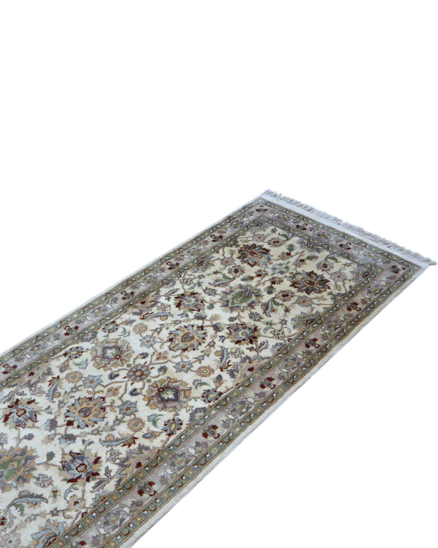 Tappeto Kashmir 252x70 cm, provenienza Pakistan, fondo avorio con motivi floreali beige e azzurro, corridore annodato a mano in lana vegetale.