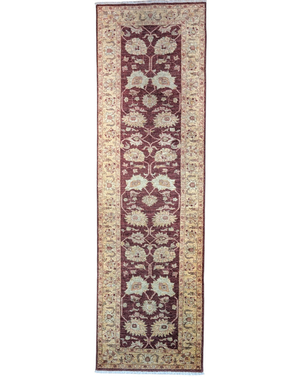 Tappeto Ziegler 261x78 cm, Afghanistan, corridore con fondo rosso borgogna e motivi floreali beige e avorio, annodato a mano in lana vegetale.