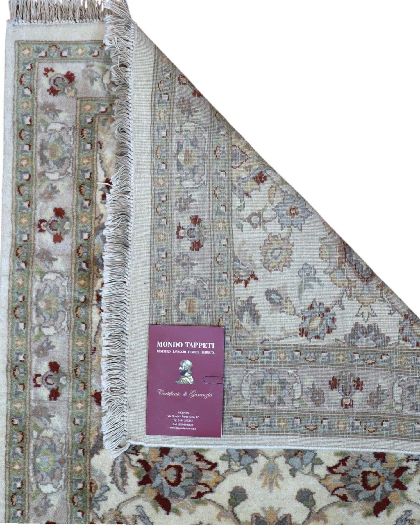 Tappeto Kashmir 238x82 cm, Afghanistan, corridore con fondo avorio e motivi floreali beige e azzurro, annodato a mano in lana vegetale.