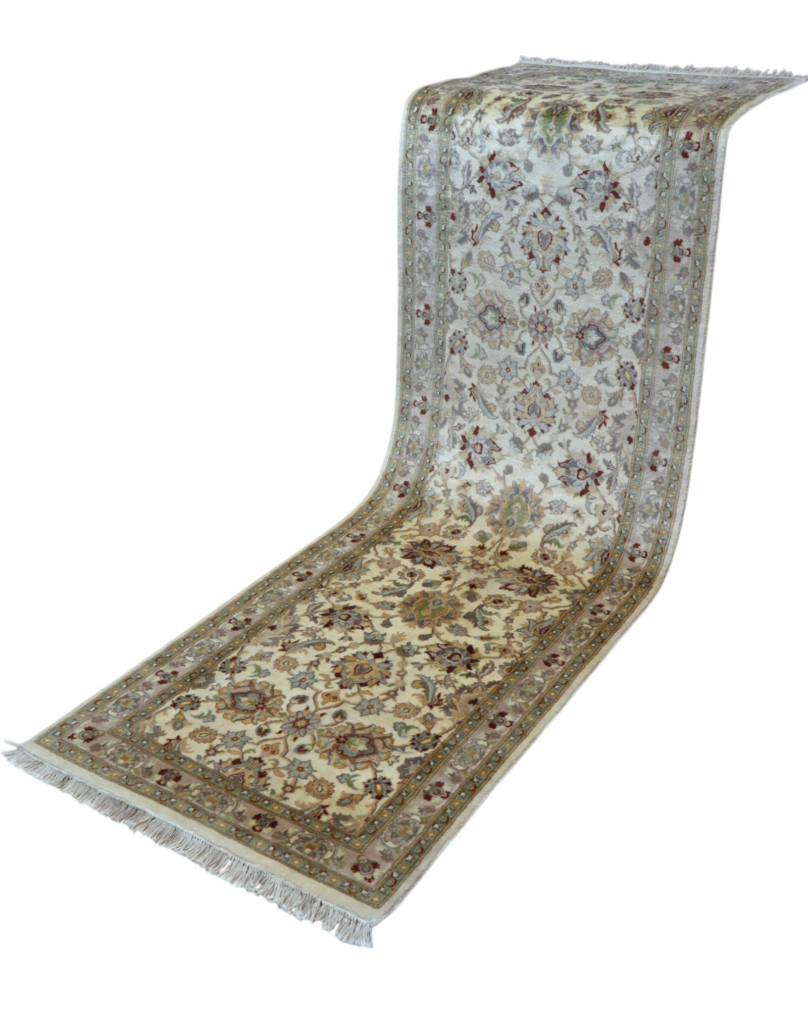 Tappeto Kashmir 238x82 cm, Afghanistan, corridore con fondo avorio e motivi floreali beige e azzurro, annodato a mano in lana vegetale.