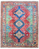 Tappeto Kazak 274x229 cm con fondo rosso e verde, tre medaglioni geometrici blu e dettagli avorio, tramato ed annodato a mano, provenienza Caucaso.