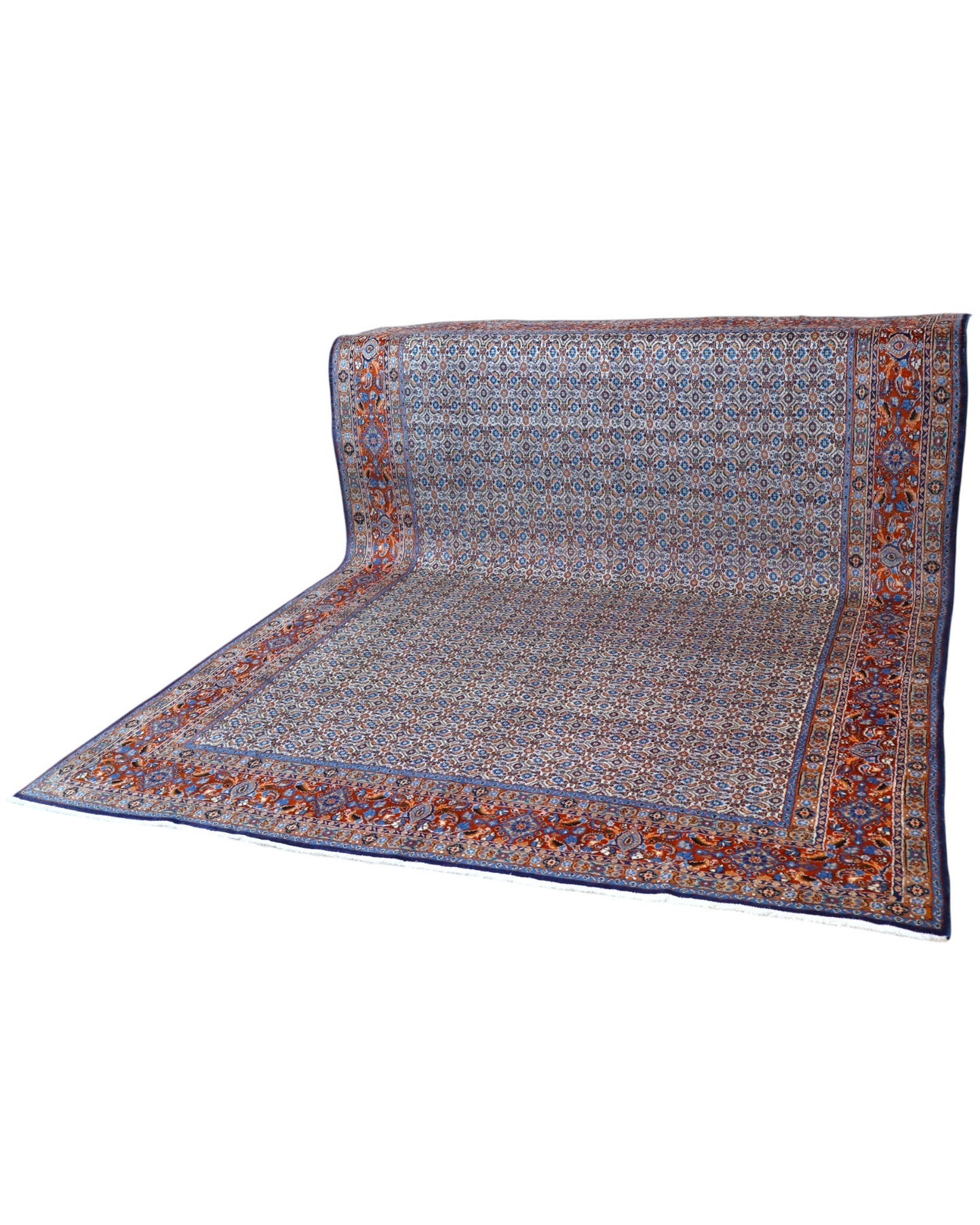 Tappeto Mud persiano 340x243 cm, annodato a mano in lana e cotone, con motivi minuti e dettagliati su fondo chiaro.