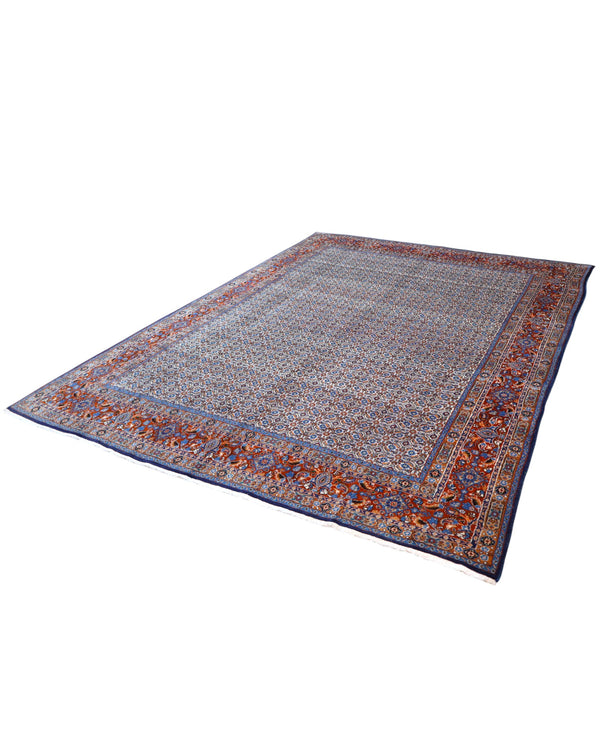 Tappeto Mud persiano 340x243 cm, annodato a mano in lana e cotone, con motivi minuti e dettagliati su fondo chiaro.