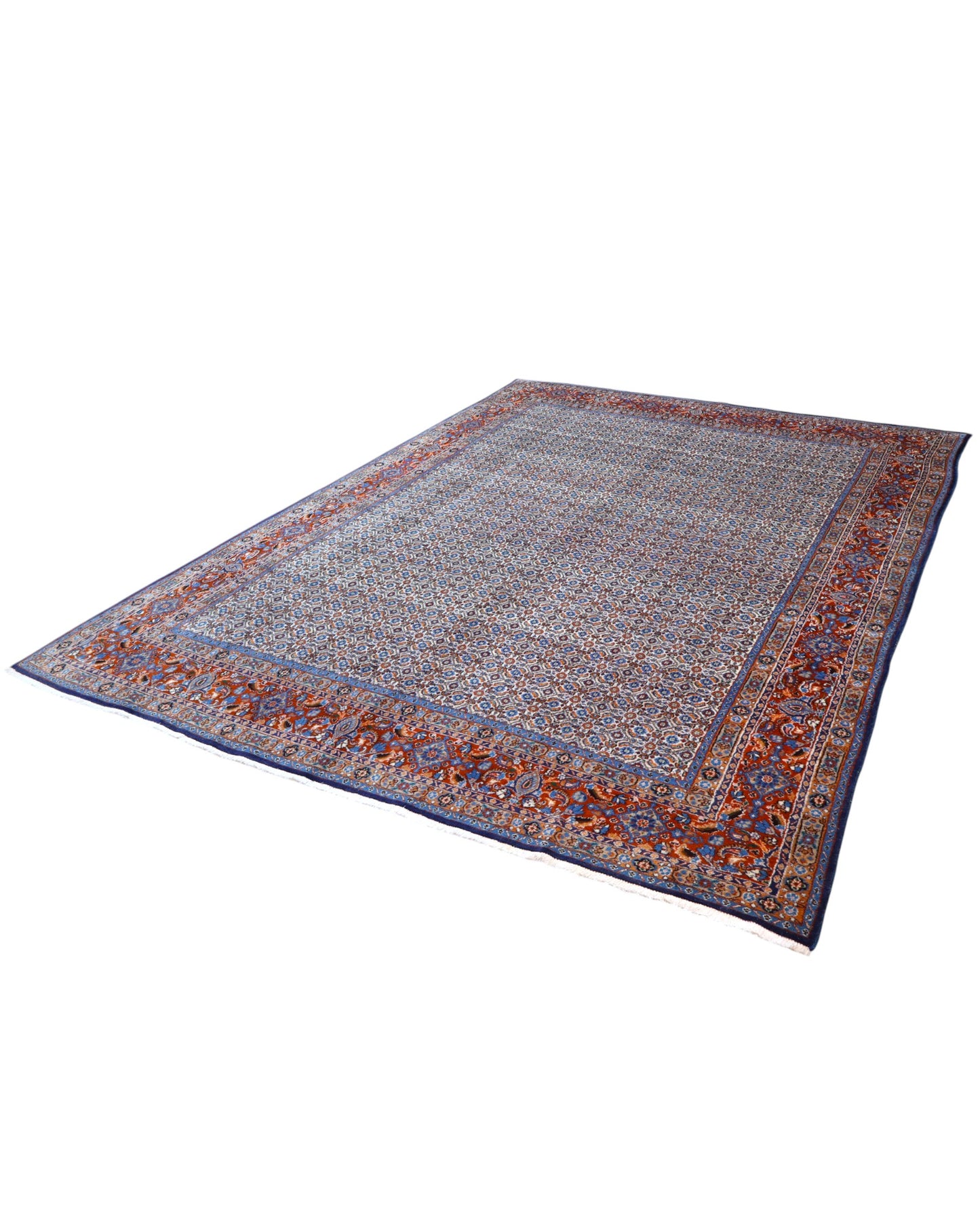 Tappeto Mud persiano 340x243 cm, annodato a mano in lana e cotone, con motivi minuti e dettagliati su fondo chiaro.