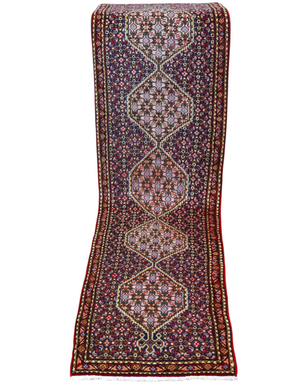 Tappeto persiano Senneh 238x61 cm, corridore con fondo bordeaux e rombi centrali floreali, annodato a mano in lana vegetale.