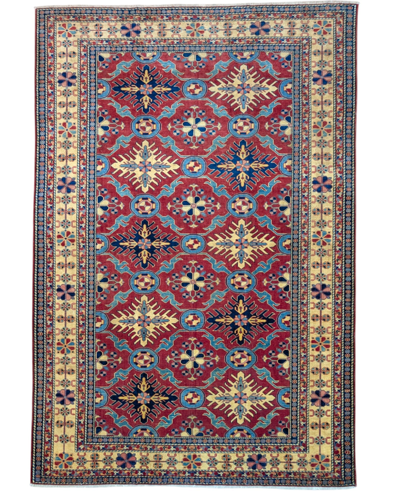 Tappeto Shirvan 289x196 cm con fondo rosso e motivi geometrici gialli, blu e avorio, tramato ed annodato a mano, provenienza Caucaso.