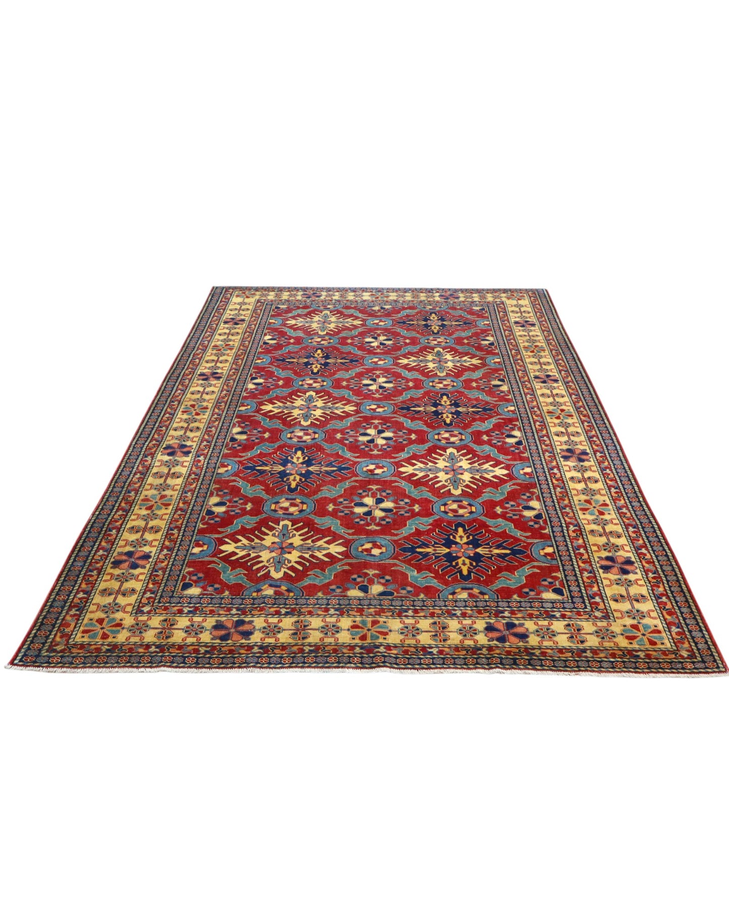 Tappeto Shirvan 289x196 cm con fondo rosso e motivi geometrici gialli, blu e avorio, tramato ed annodato a mano, provenienza Caucaso.