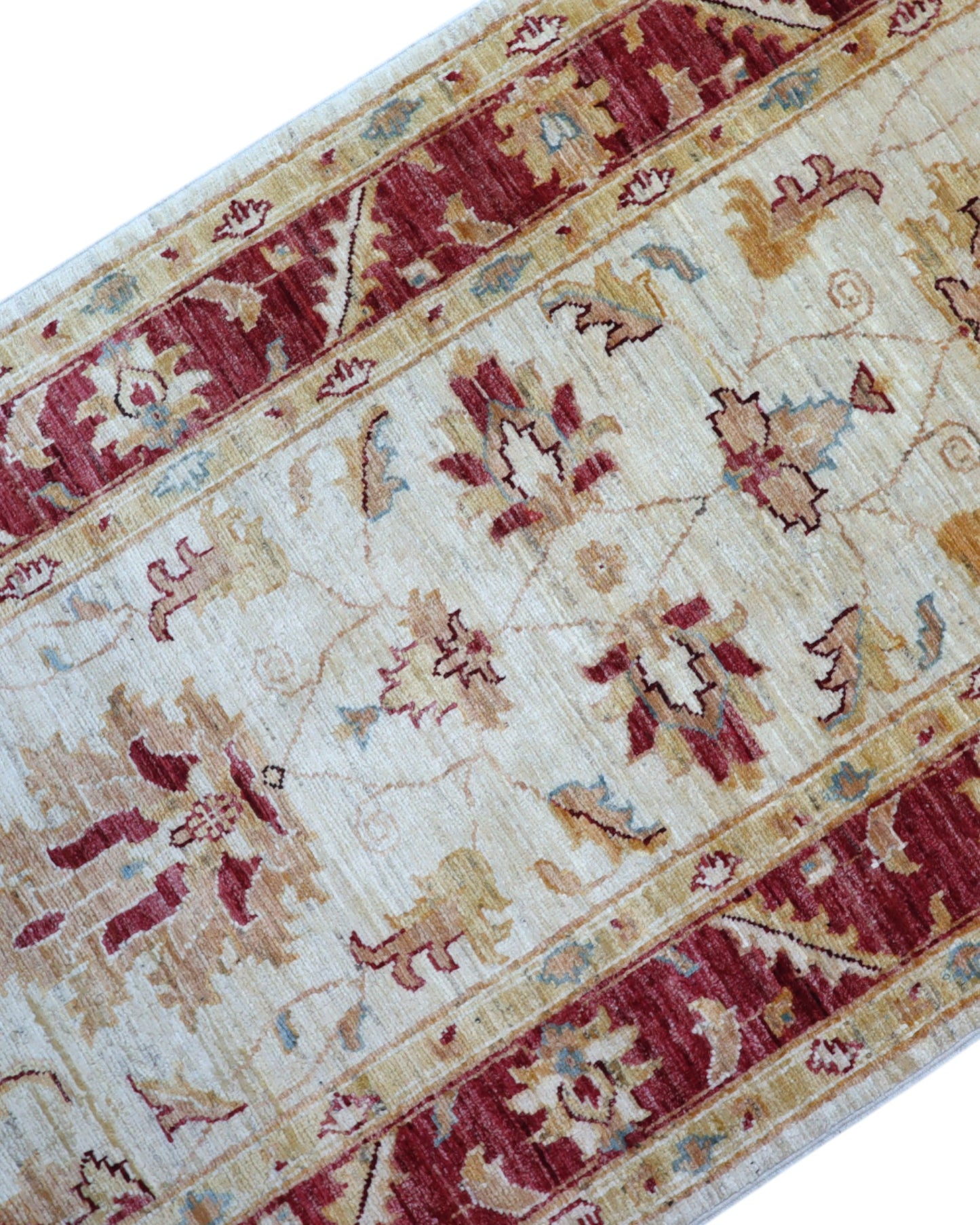 Tappeto Ziegler 210x81 cm afghano annodato a mano, corridore in lana con fondo chiaro e decorazioni floreali rosse.