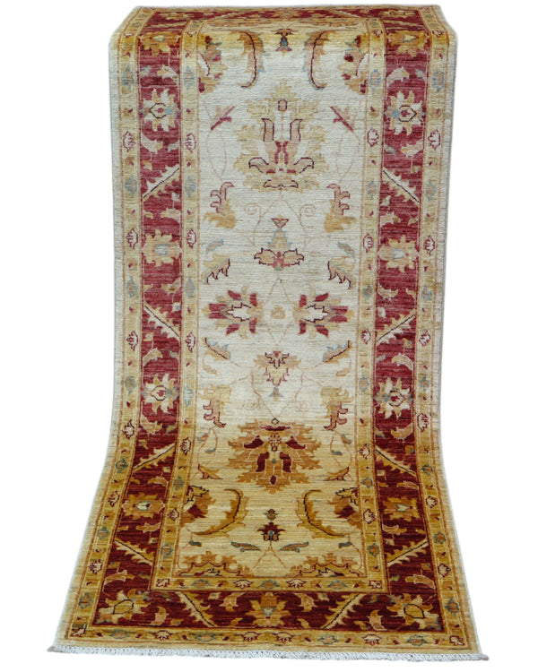 Tappeto Ziegler 210x81 cm afghano annodato a mano, corridore in lana con fondo chiaro e decorazioni floreali rosse.