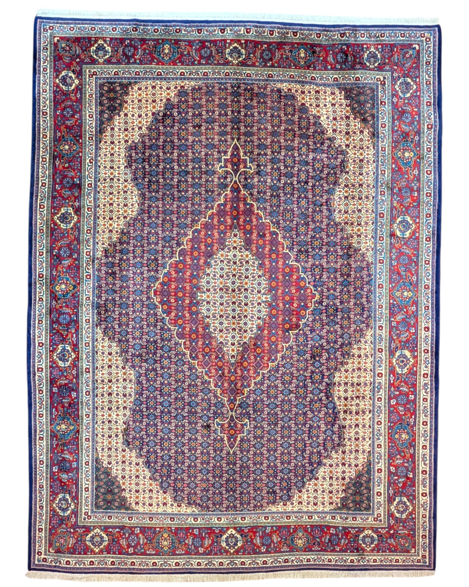 tappeto persiano Arak annodato a mano 360x266 cm rosso e blu con medaglione centrale e motivi floreali minuti