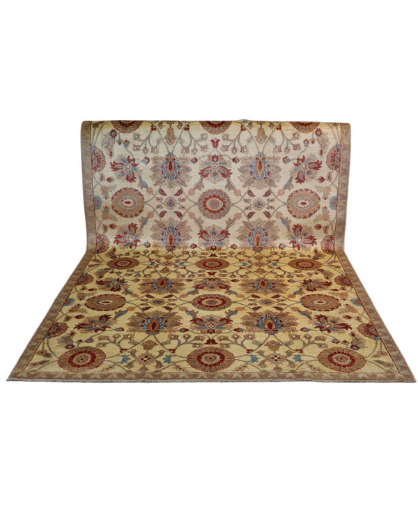 Tappeto persiano Farahan 296x200 cm, annodato a mano, con motivo floreale simmetrico in rosso, blu e marrone su fondo beige chiaro, bordura decorata.