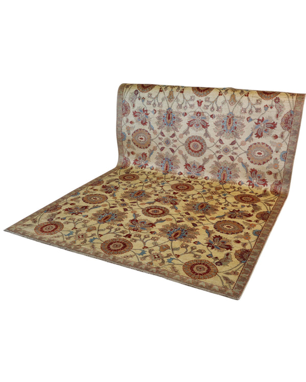 Tappeto persiano Farahan 296x200 cm, annodato a mano, con motivo floreale simmetrico in rosso, blu e marrone su fondo beige chiaro, bordura decorata.